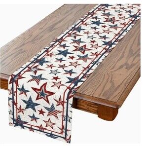 Table Runner 13x108in Woven Polyester Patriotic Stars USA Flag Red White & Blue